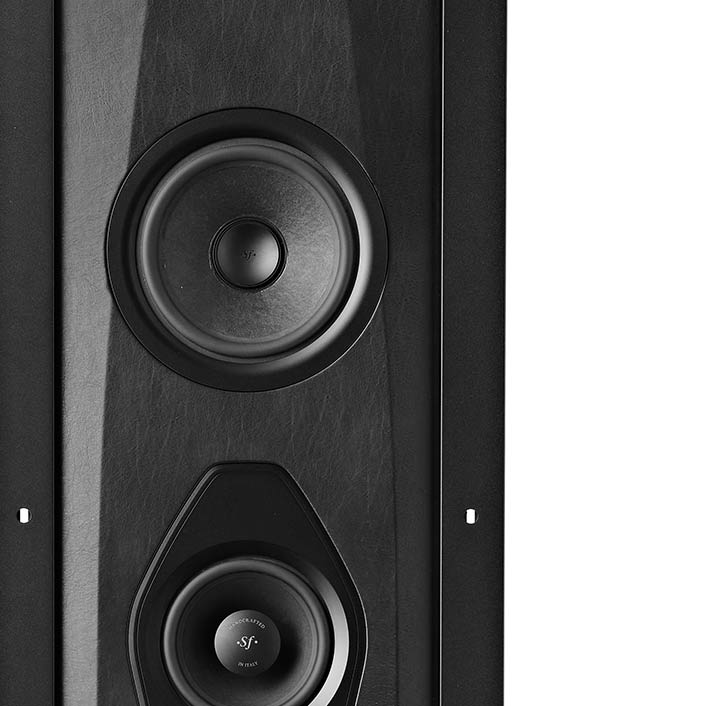 Close-up of the Sonus faber Arena 30 4-way in-wall speaker without the grille, emphasizing its detailed Italian design.