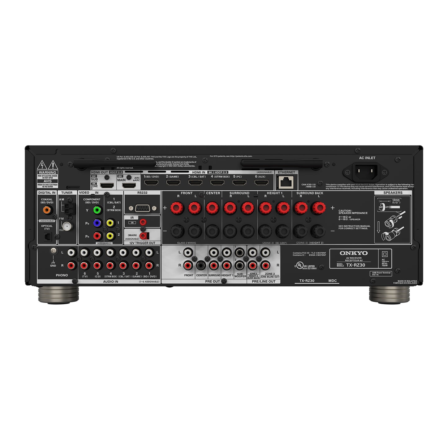 Onkyo TX-RZ30 AV receiver in black, rear panel connections