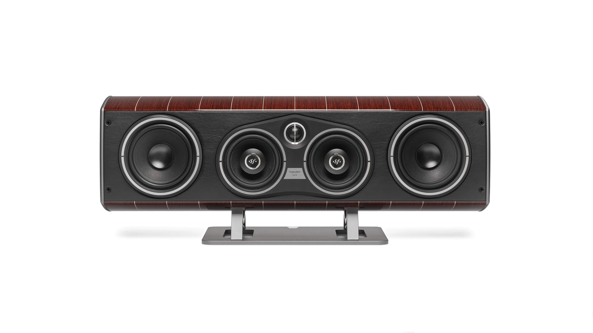 Sonus faber's Vox G3 home cinema speaker, showcasing Wenge Wood and Italian leather finishes.