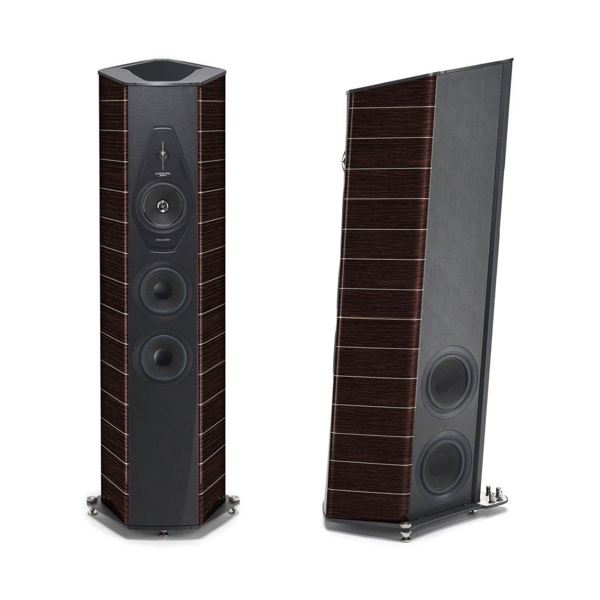 A front and side view of the Il Cremonese floorstanding speakers in wenge wood.