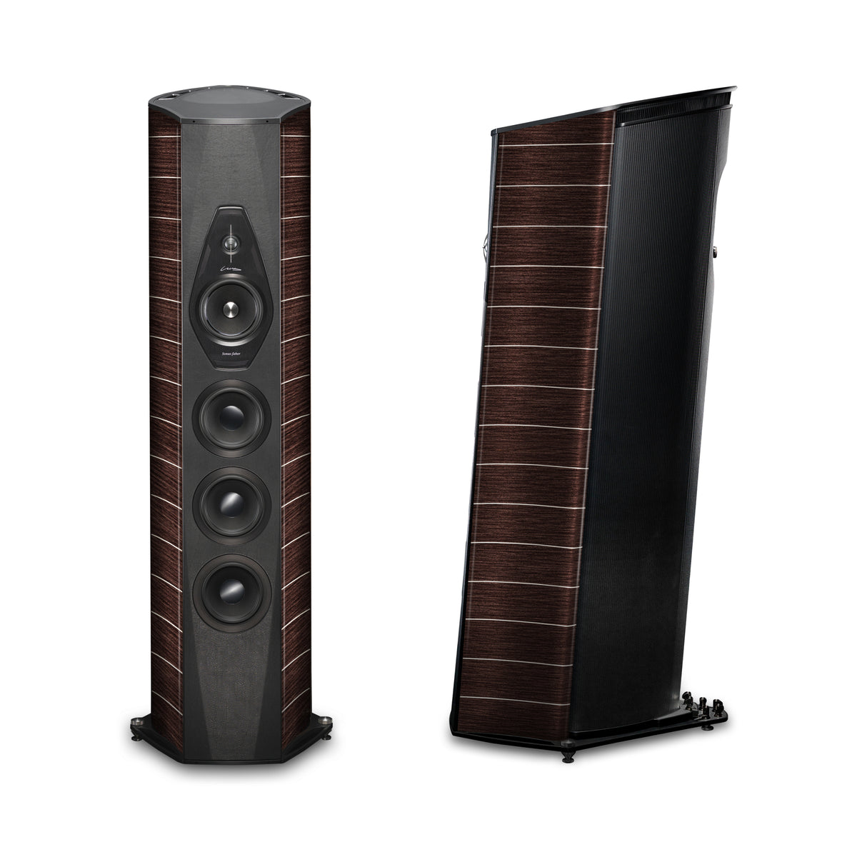 A front and side view of the Sonus faber Lilium floorstanding speakers in wenge wood from the Reference Collection.