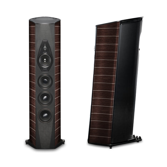 A front and side view of the Sonus faber Lilium floorstanding speakers in wenge wood from the Reference Collection.