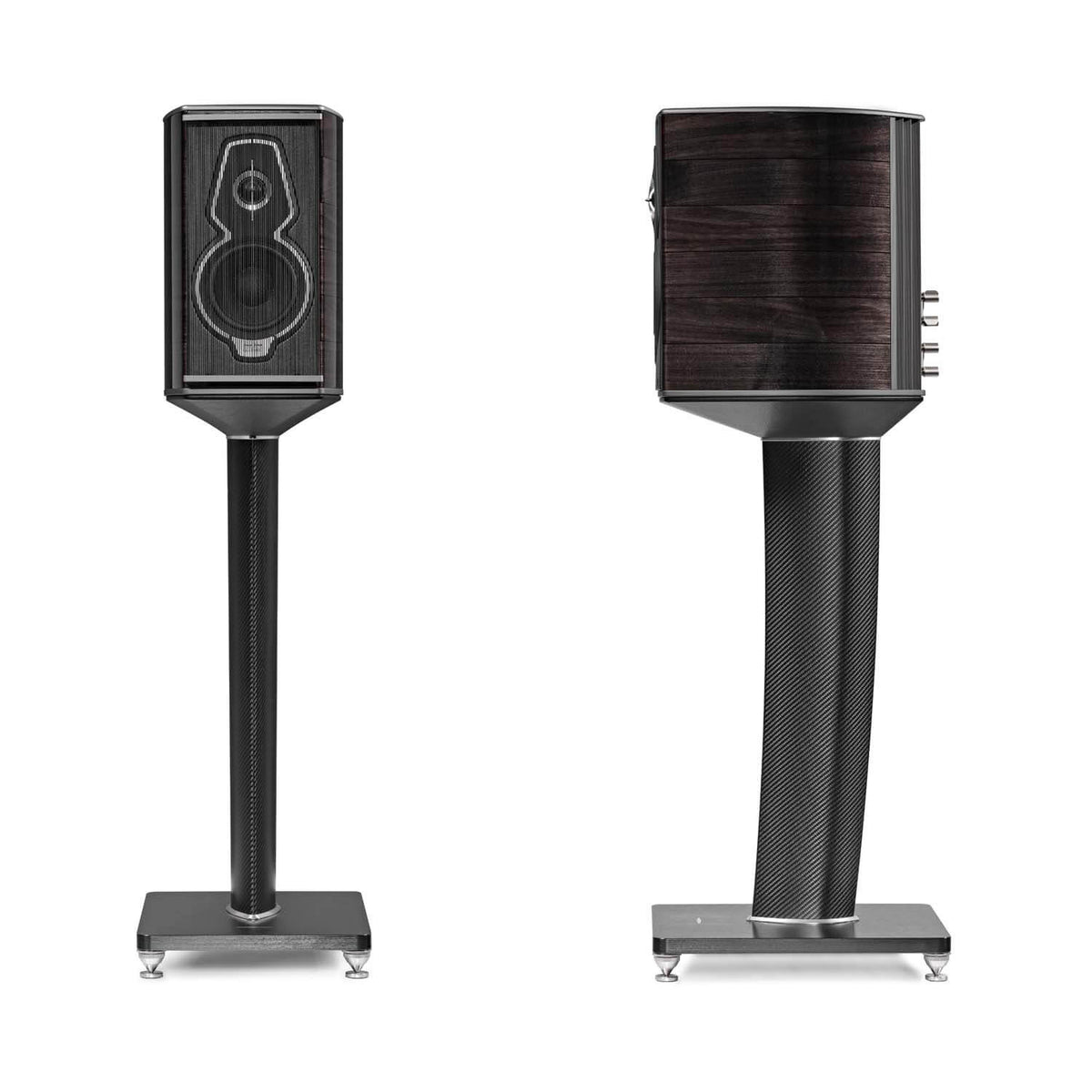 A front and side view of the Sonus faber Guarneri G5 bookshelf speakers on stands in graphite high gloss wood from the Homage collection.