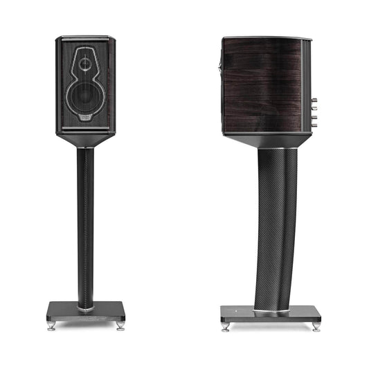 A front and side view of the Sonus faber Guarneri G5 bookshelf speakers on stands in graphite high gloss wood from the Homage collection.