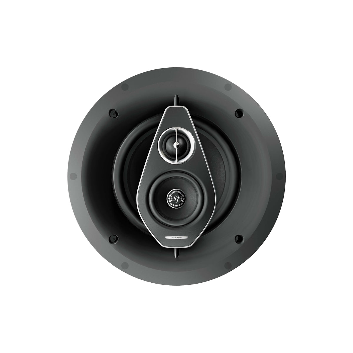 A front view of the Sonus faber PC-683 custom installation 3-way in-ceiling speaker from the Palladio collection in black without the grille.