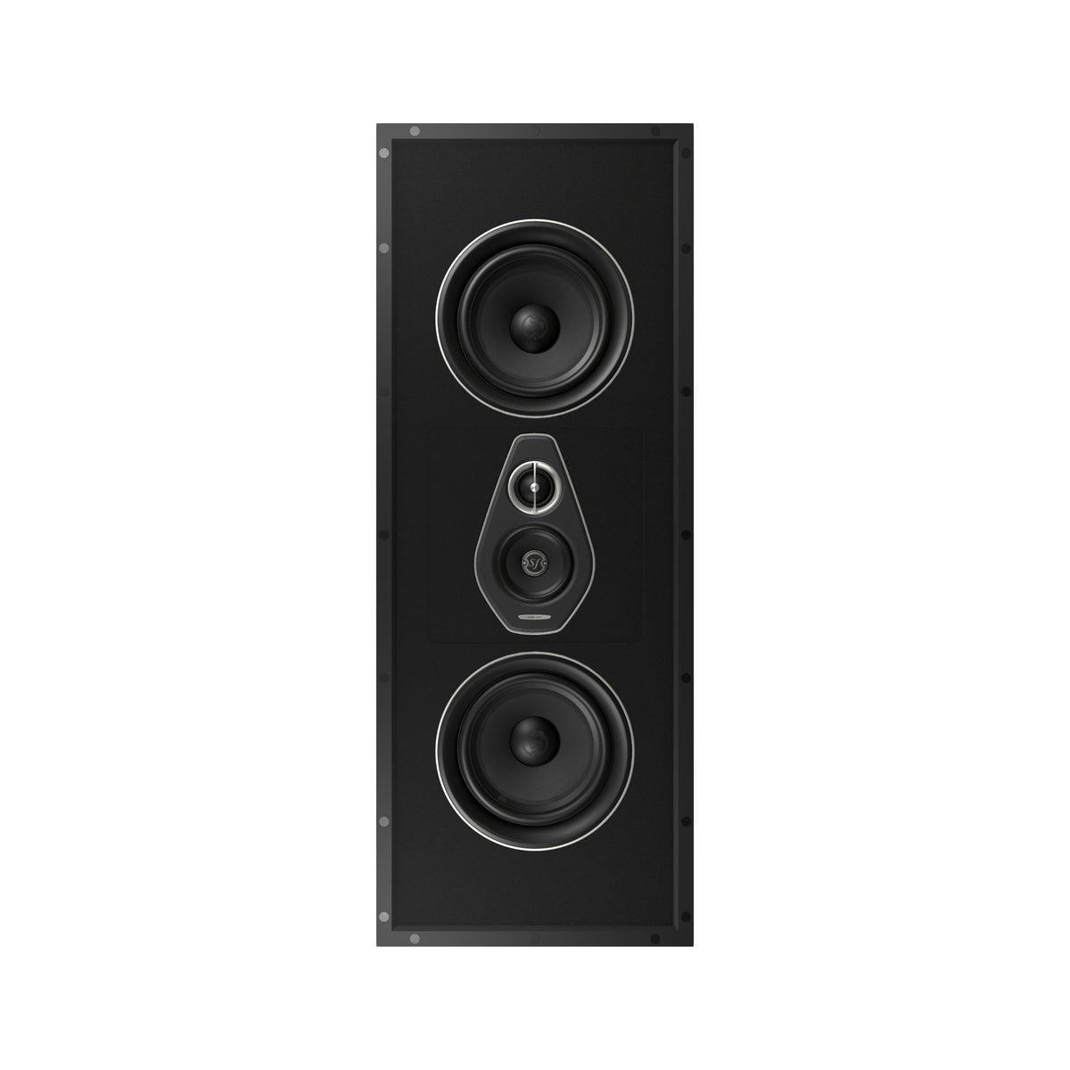 A front view of the Sonus faber PL-664 custom installation 3-way left/right/center in-wall speaker from the Palladio collection in black without the grille.