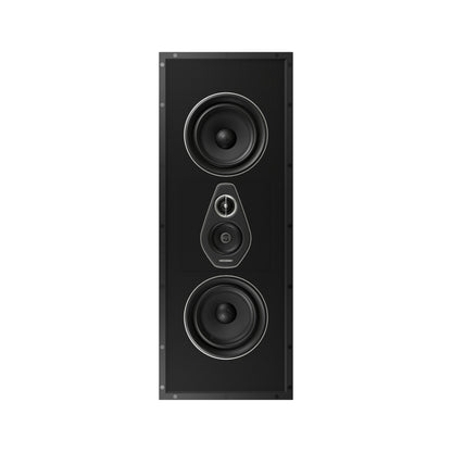 A front view of the Sonus faber PL-664 custom installation 3-way left/right/center in-wall speaker from the Palladio collection in black without the grille.