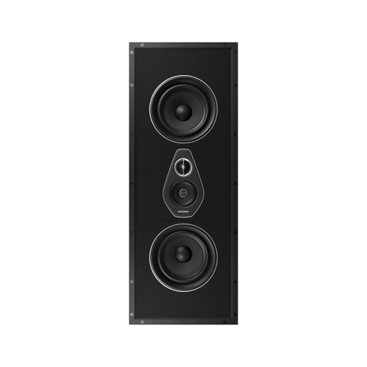 A front view of the Sonus faber PL-664 custom installation 3-way left/right/center in-wall speaker from the Palladio collection in black without the grille.