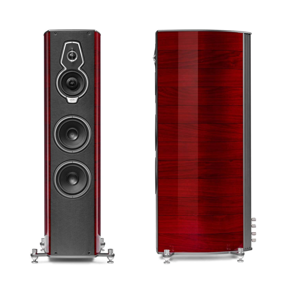 A front and side view of the Sonus faber Serafino G2 floorstanding speakers in red high gloss wood from the Homage collection