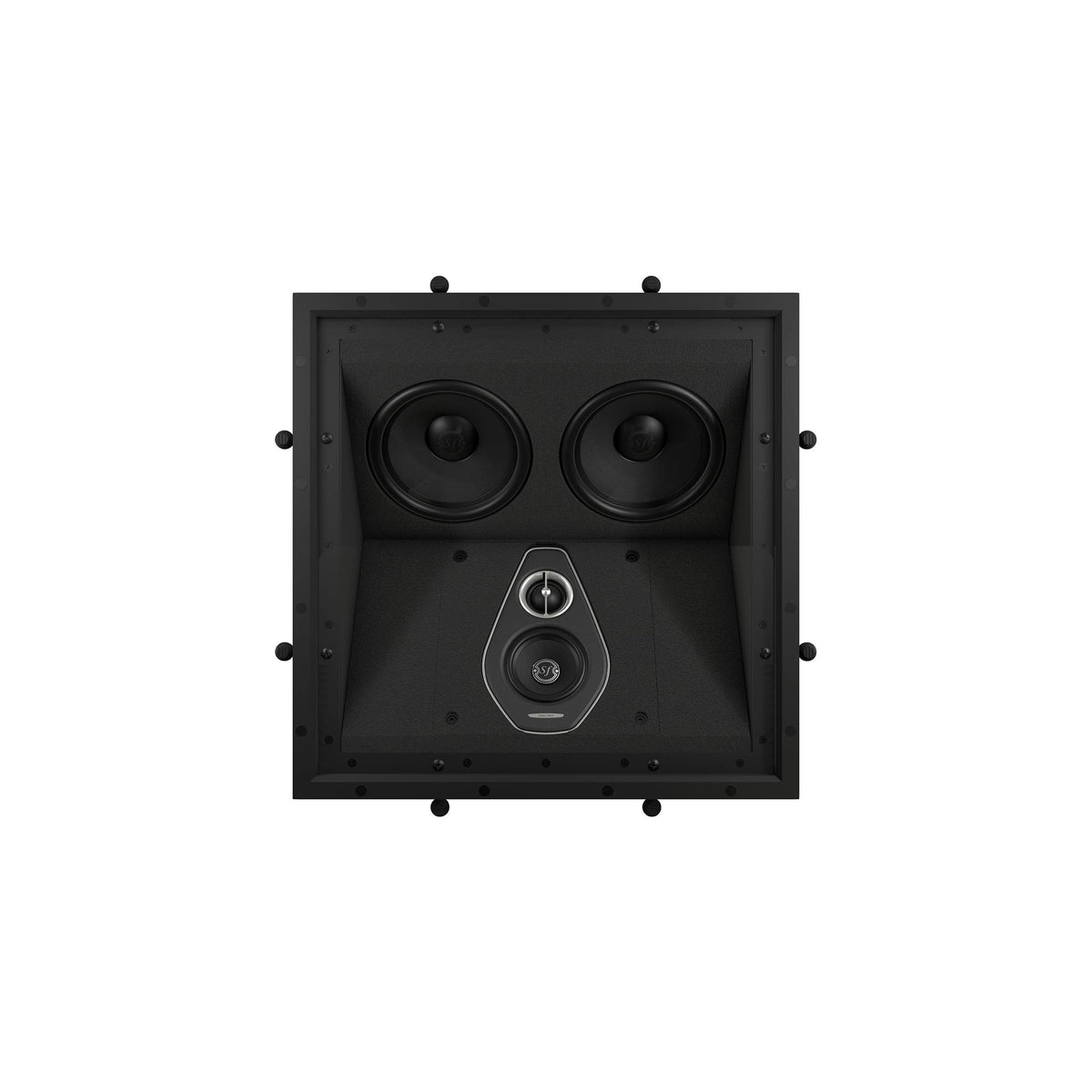 The Sonus faber PC-664P 3-way in-ceiling system unveiled without the grille, revealing intricate details.