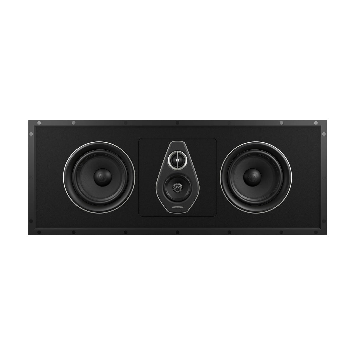 Sonus faber PL-664: 3-way left/right/center in-wall speaker without the grille, revealing intricate details and design features.