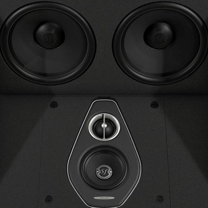 Close-up of the Sonus faber PC-664P 3-way in-ceiling system without the grille, highlighting intricate details.