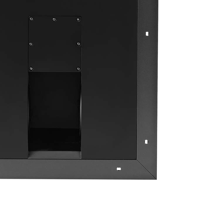 Close-up of Sonus faber Arena S15 in-wall subwoofer without the grille, spotlighting its elegant Italian design in sleek black.