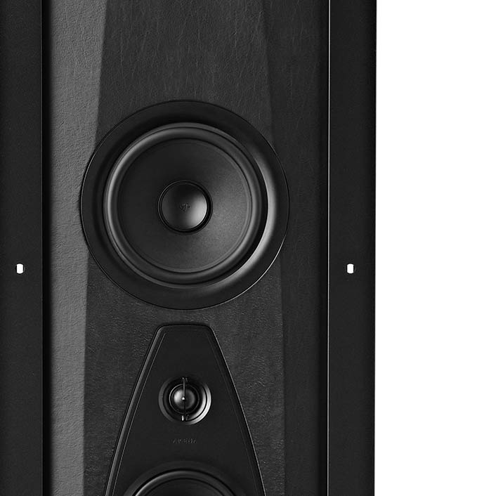 Sonus faber Arena 20 3.5-way in-wall speaker showcased without the optional grille, revealing its clean Italian design.