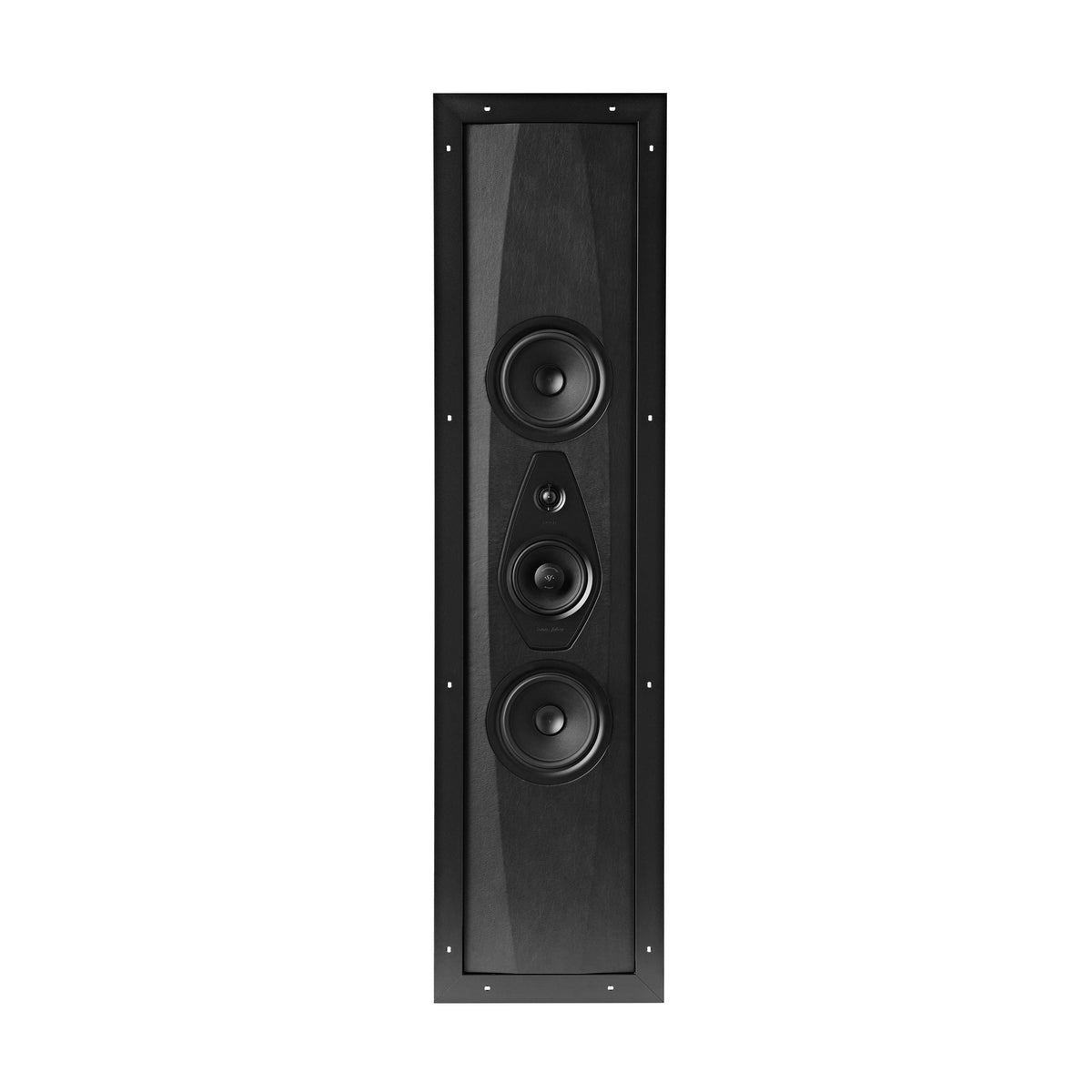Close-up of the Sonus faber Arena 20 3.5-way in-wall speaker with the optional square magnetic grille, designed for protection.