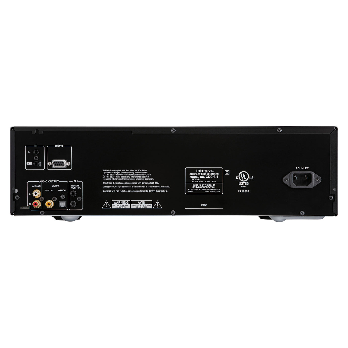 Integra CDC-3.4 rear panel with optical, coaxial, and analog RCA outputs