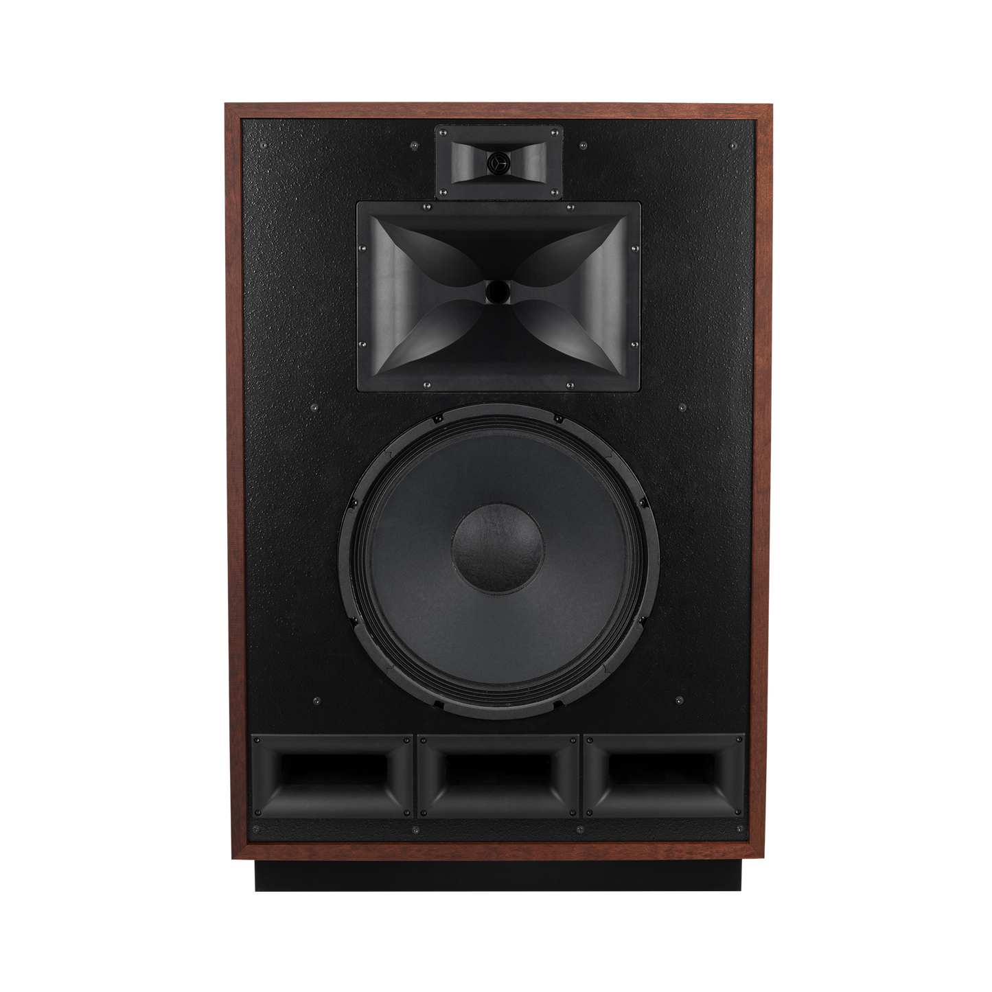 Klipsch Cornwall IV in American Auburn, front view with grille removed showing drivers