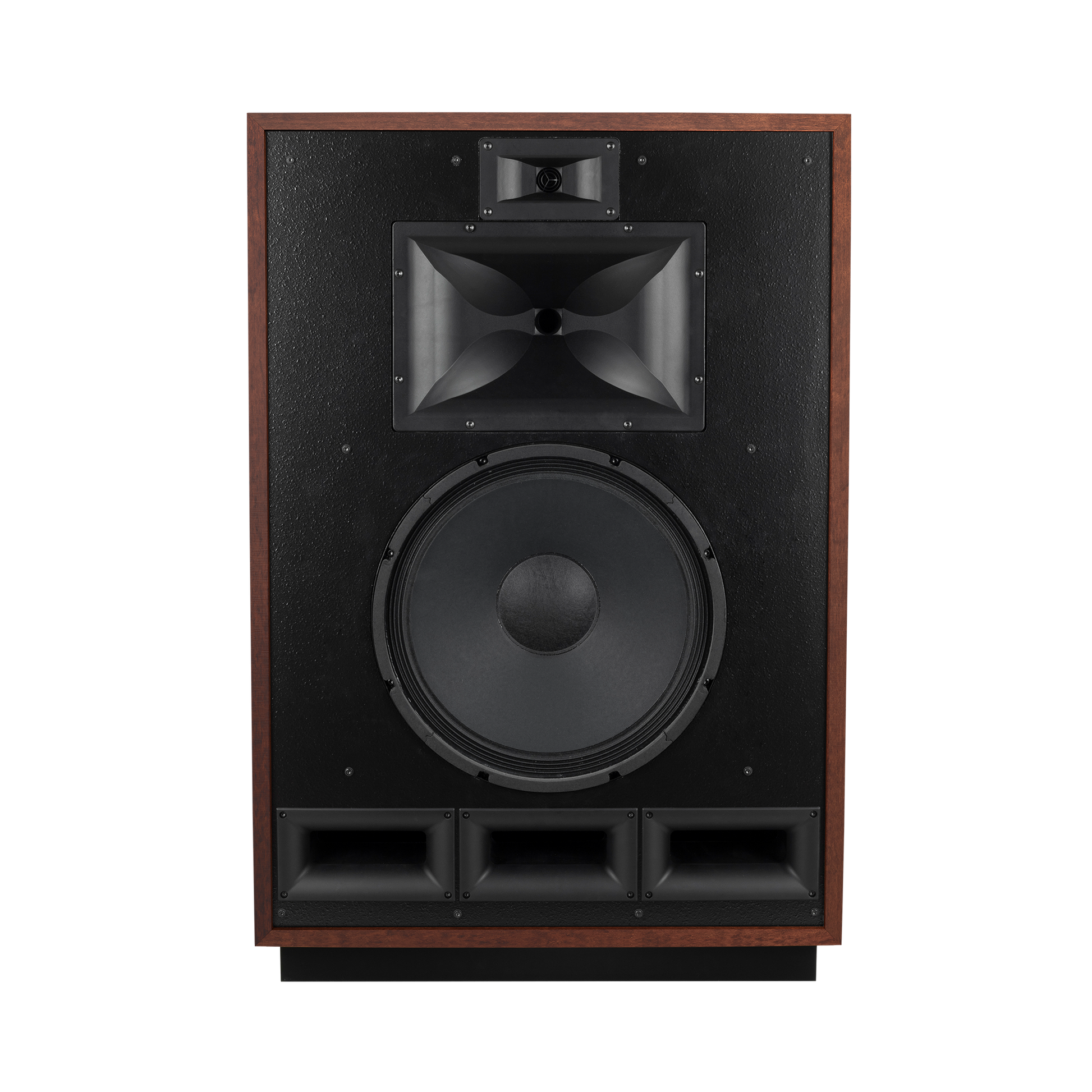 Klipsch Cornwall IV in American Auburn, front view with grille removed showing drivers