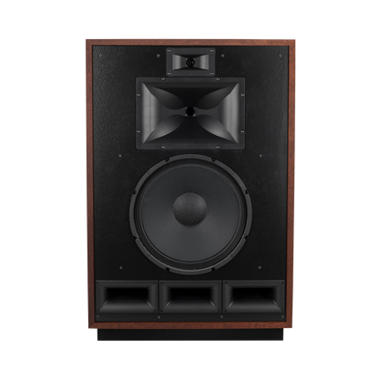 Klipsch Cornwall IV in American Auburn, front view with grille removed showing drivers