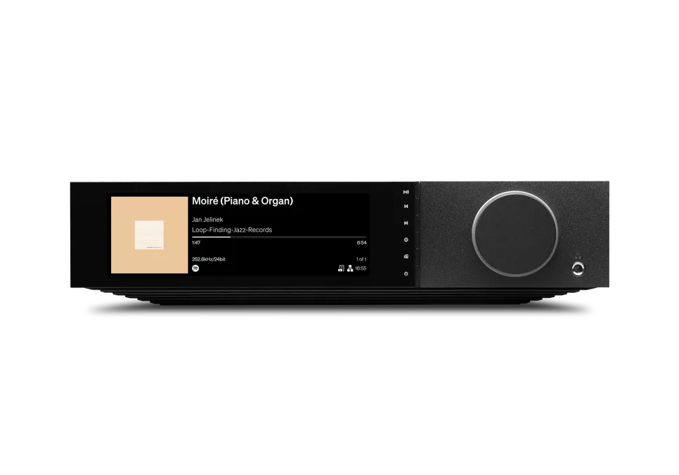 Cambridge Audio Evo 300 premium streaming amplifier in black, front view