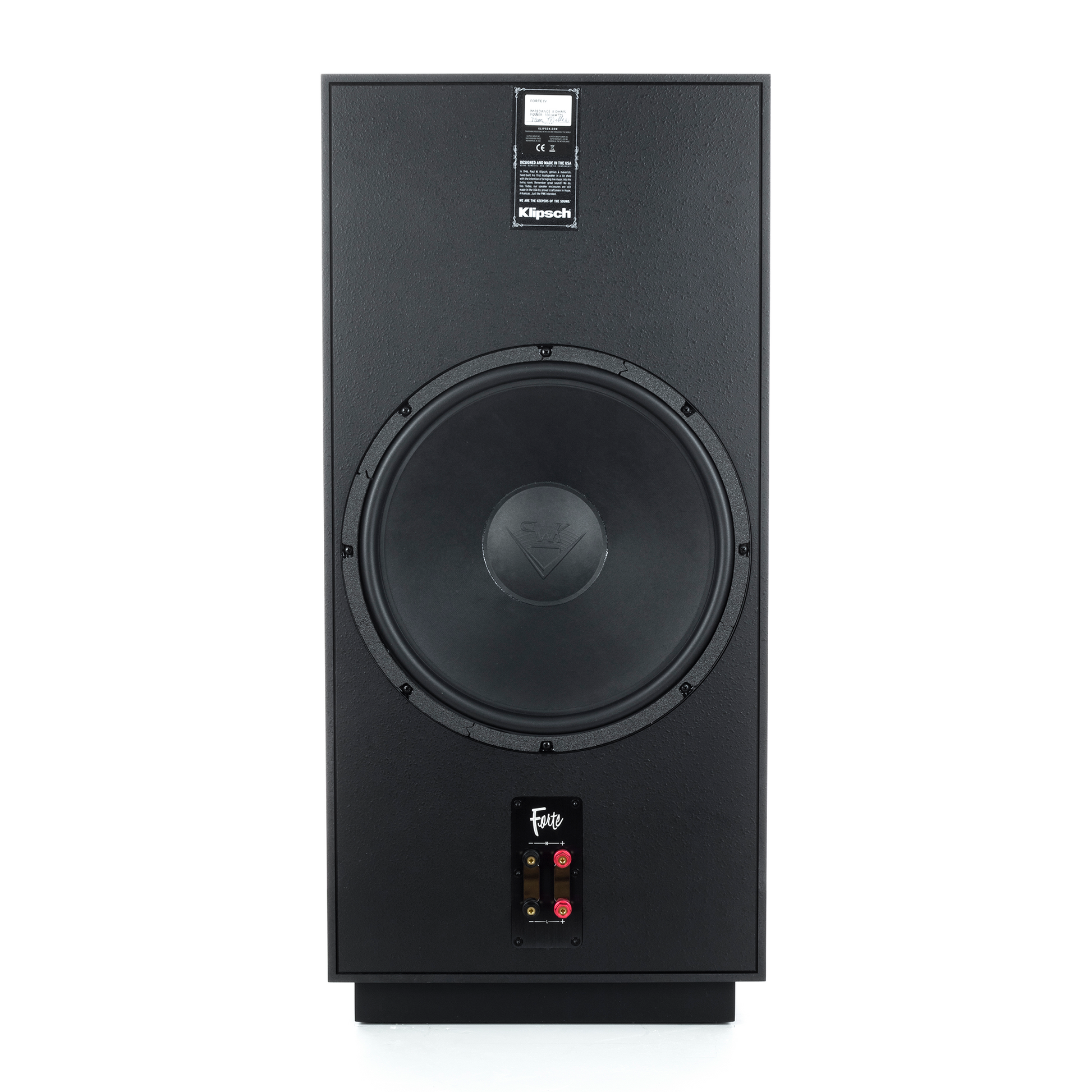 Klipsch Forte IV in American Walnut, rear view with passive radiator