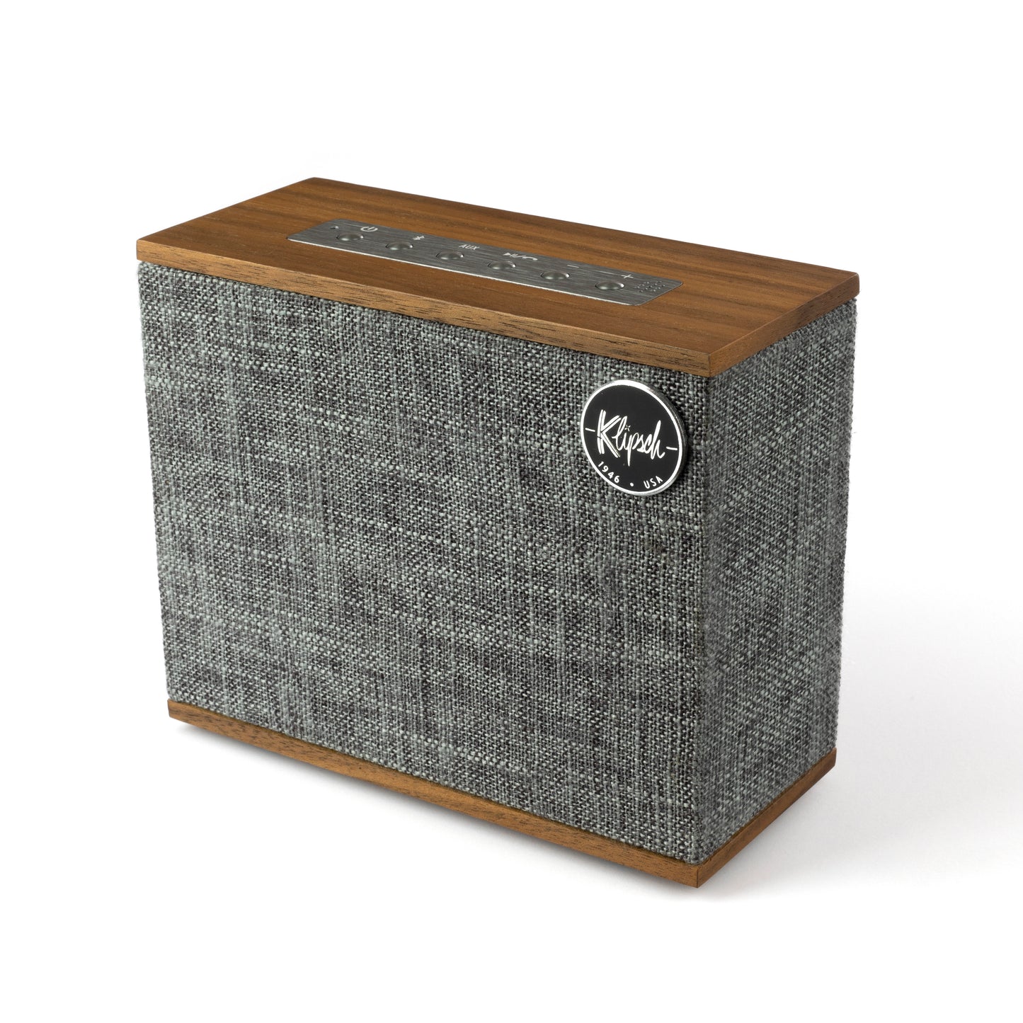 Klipsch Heritage Groove portable speaker in walnut, angled view