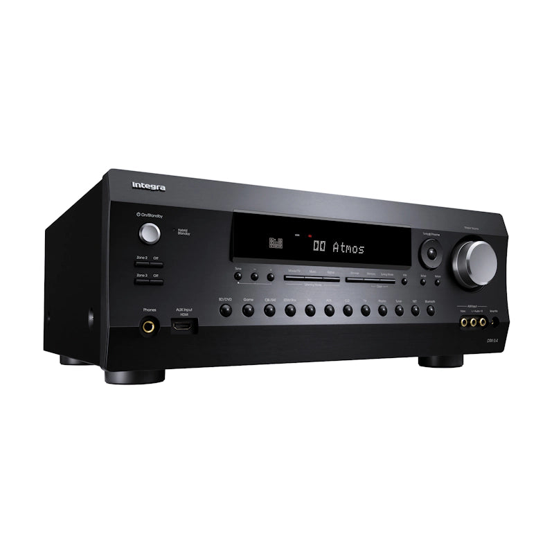 Integra DRX-3.4 AV receiver in black, front-right angle