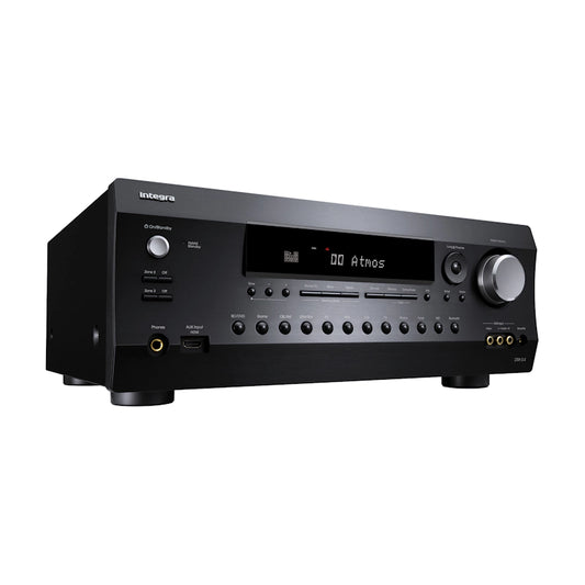 Integra DRX-3.4 AV receiver in black, front-right angle