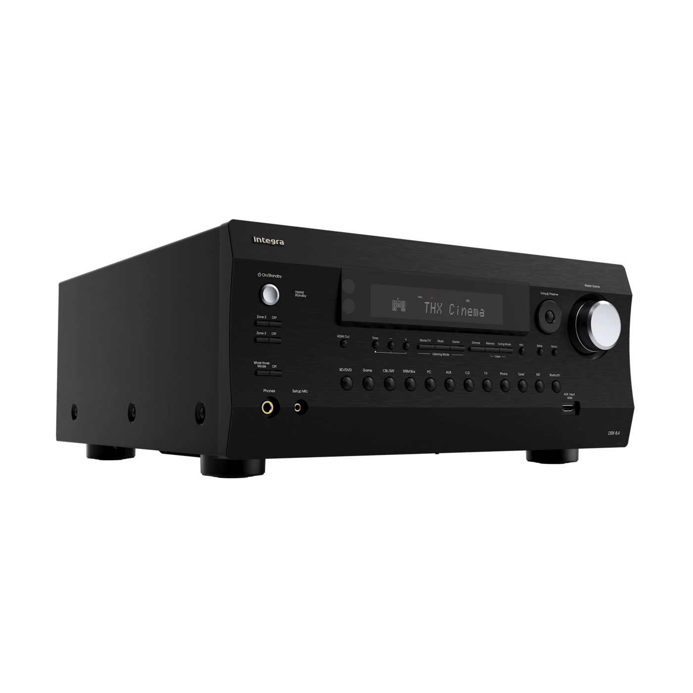 Integra DRX-8.4 AV receiver in black, front hero view