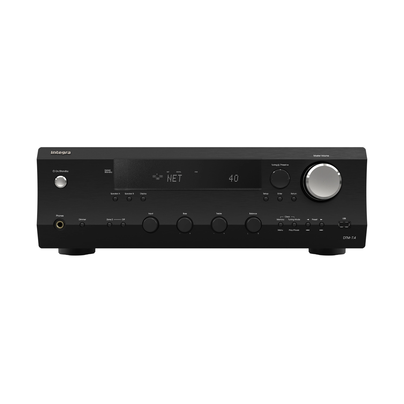 Integra DTM-7.4 network stereo receiver in black, straight-on front panel