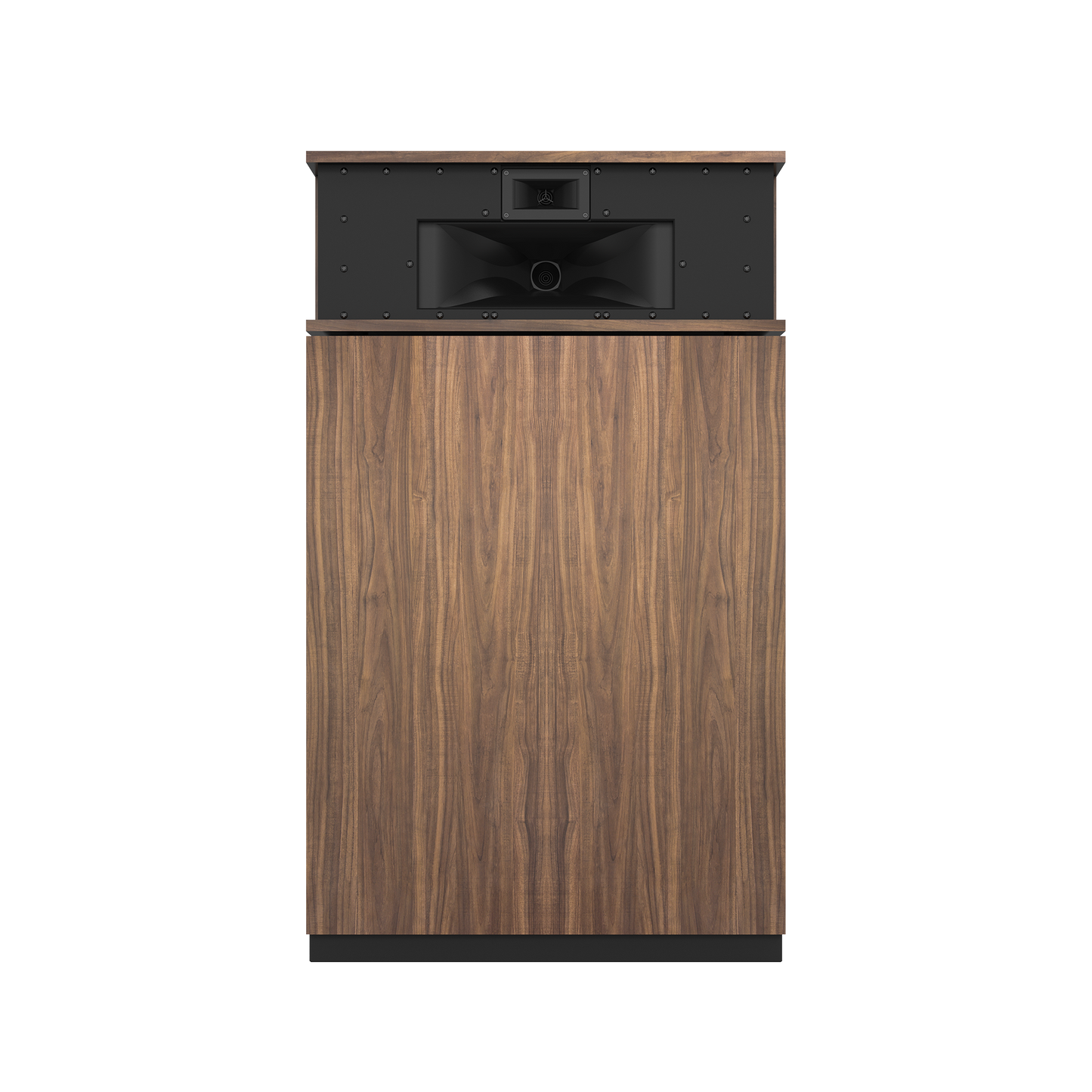 Klipsch Klipschorn AK7 in American Walnut, front view with grille removed showing horns