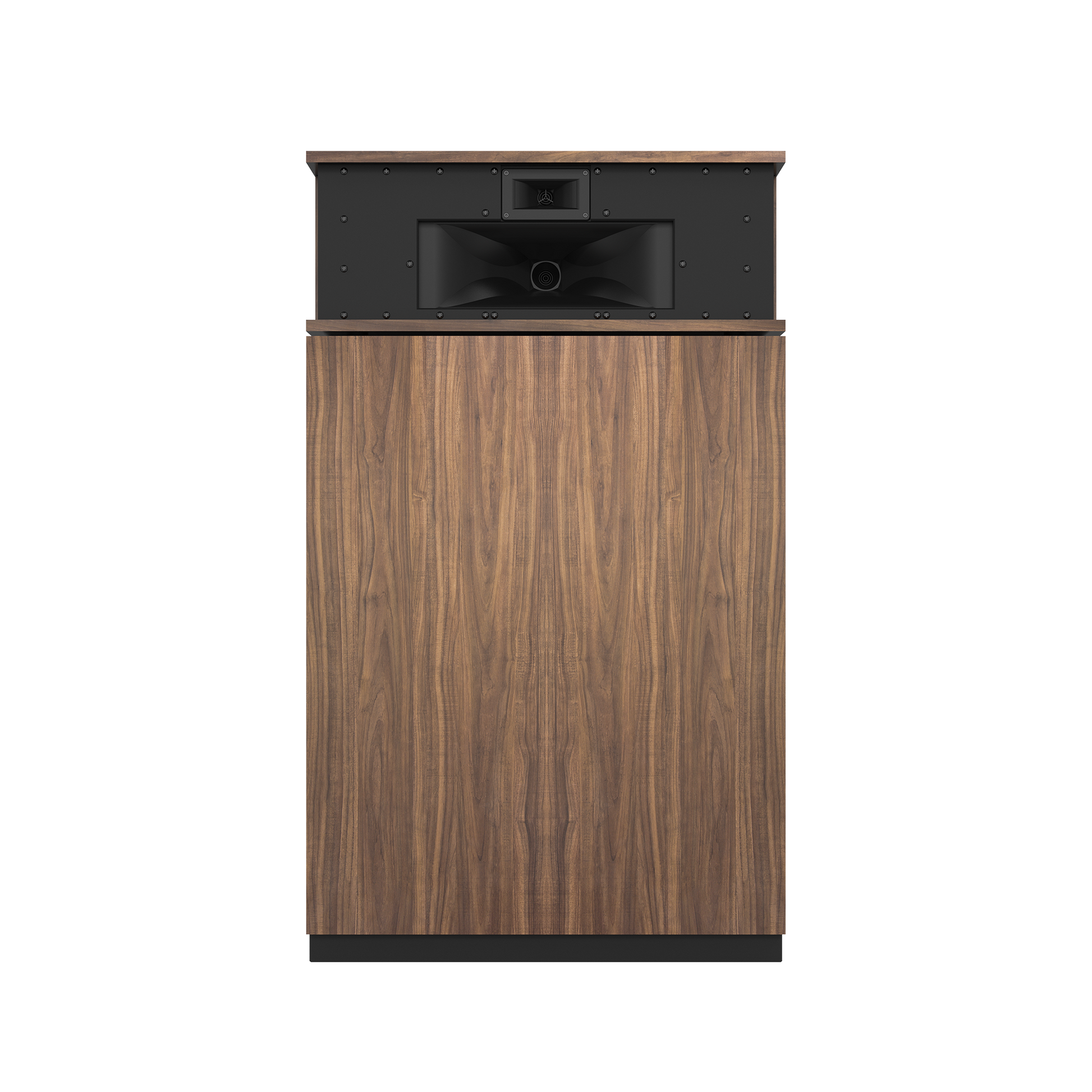 Klipsch Klipschorn AK7 in American Walnut, front view with grille removed showing horns