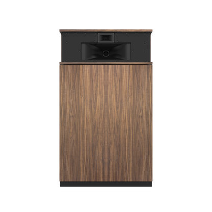 Klipsch Klipschorn AK7 in American Walnut, front view with grille removed showing horns