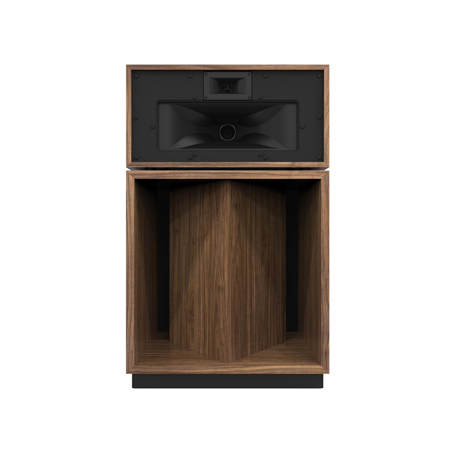 Klipsch La Scala AL6 in American Walnut, front view with grille removed showing horns