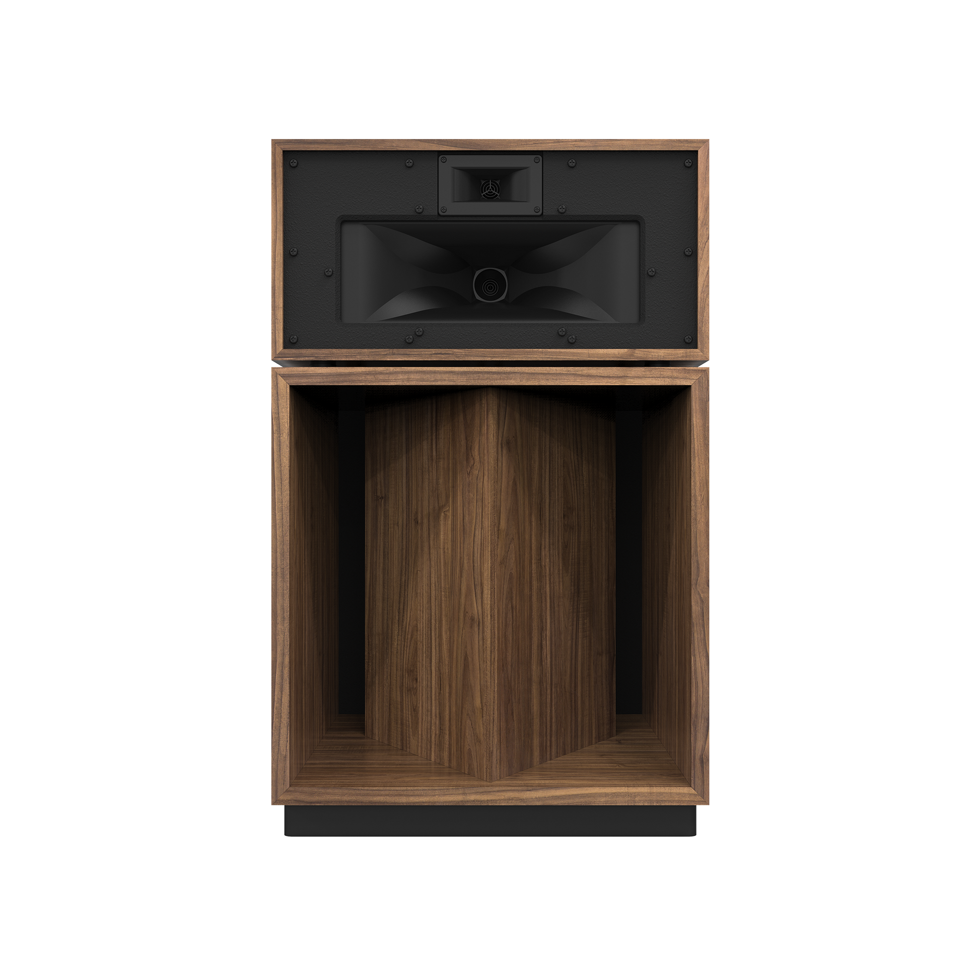 Klipsch La Scala AL6 in American Walnut, front view with grille removed showing horns