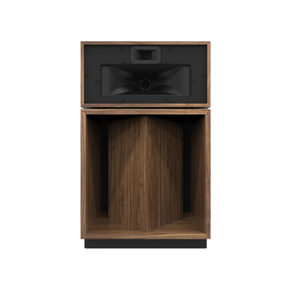 Klipsch La Scala AL6 in American Walnut, front view with grille removed showing horns