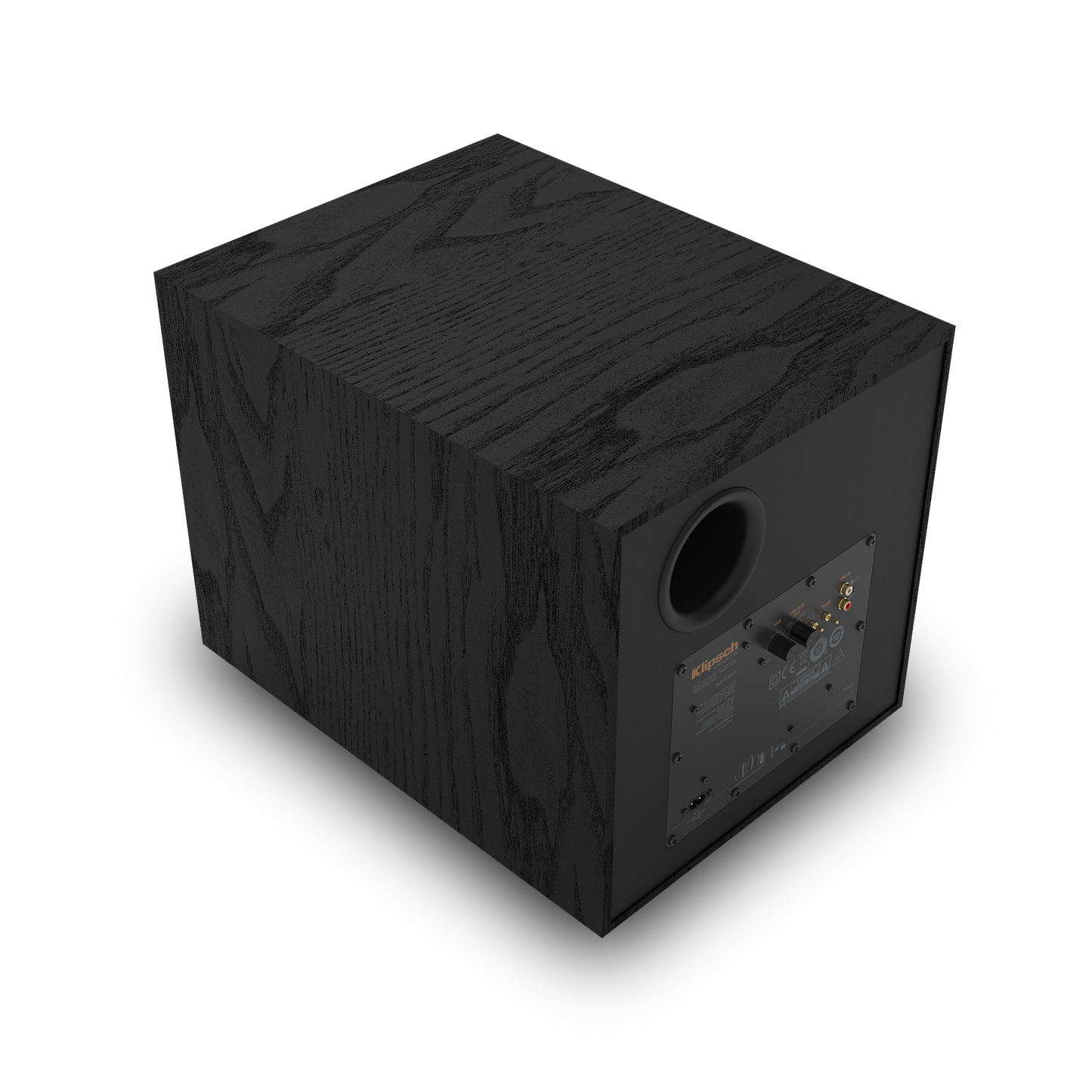 Klipsch R-101SW black subwoofer rear angle view