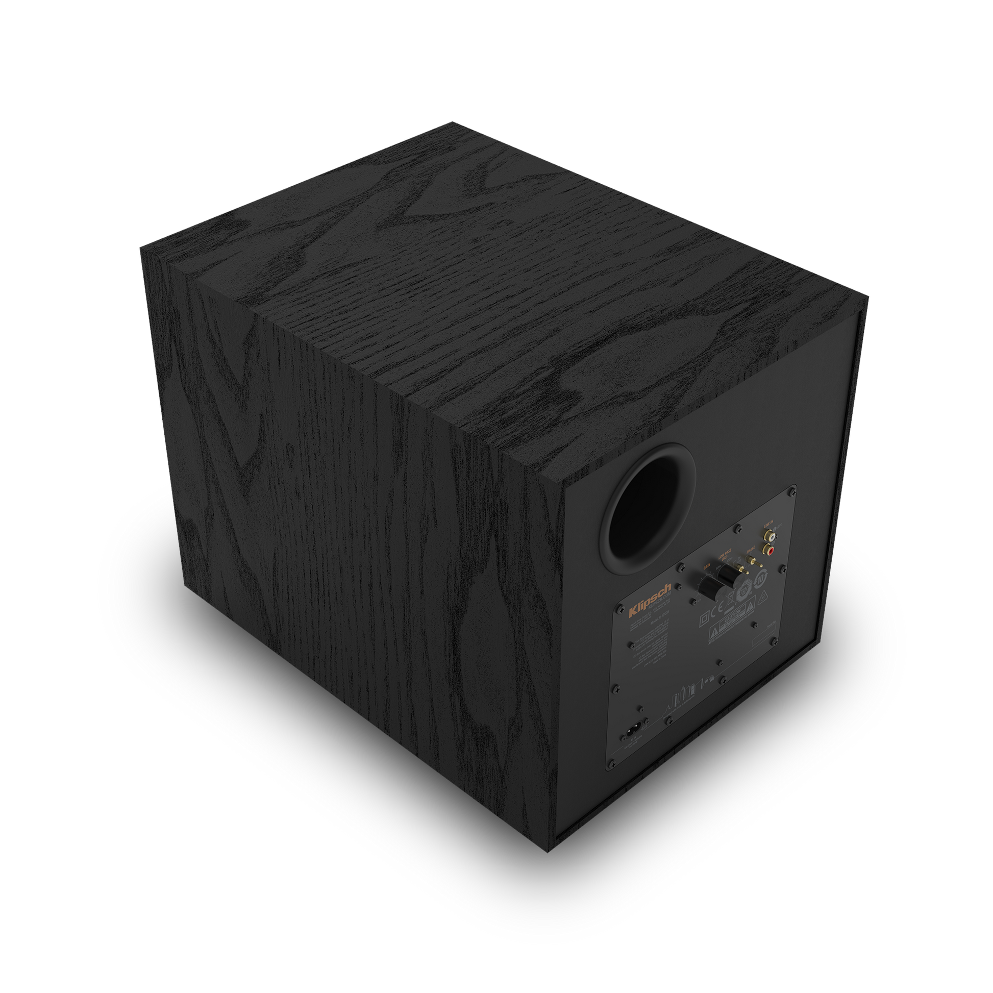 Klipsch R-101SW black subwoofer rear angle view