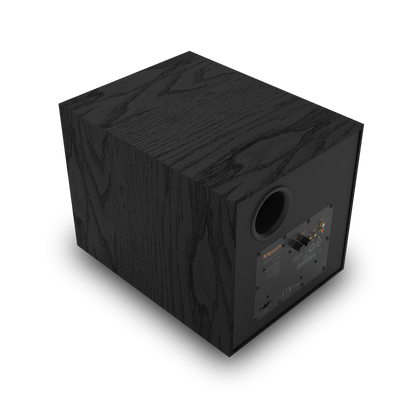 Klipsch R-101SW black subwoofer rear angle view