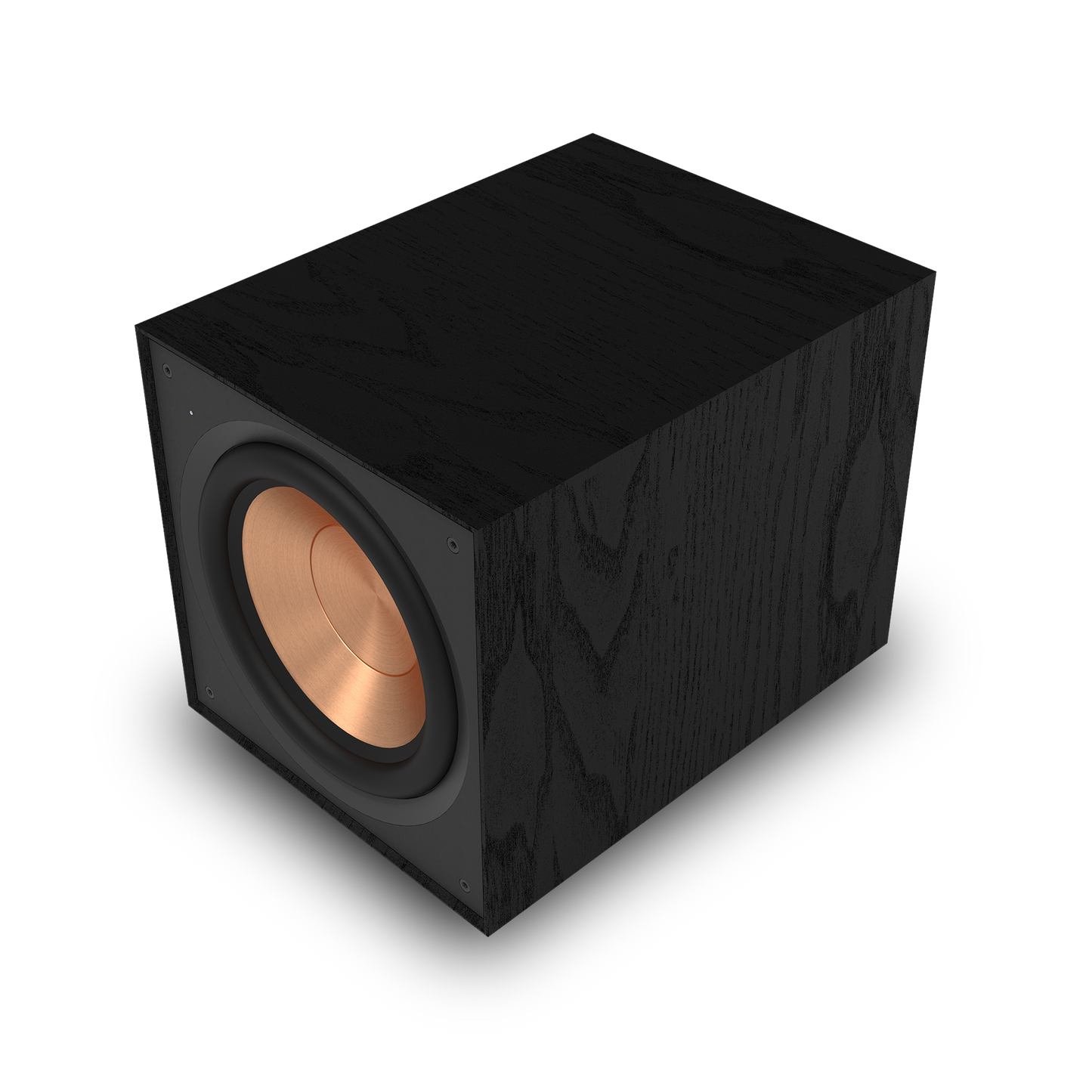 Klipsch R-101SW black subwoofer front angle, grille removed