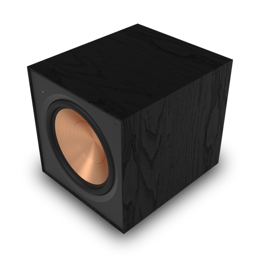 Klipsch R-121SW black subwoofer front view, grille on