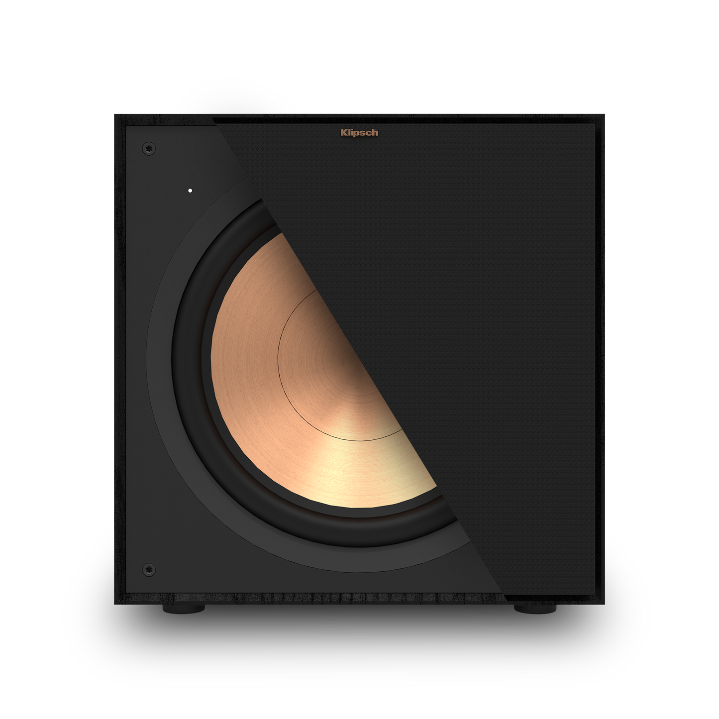 Klipsch R-121SW subwoofer with grille removed showing 12-inch woofer