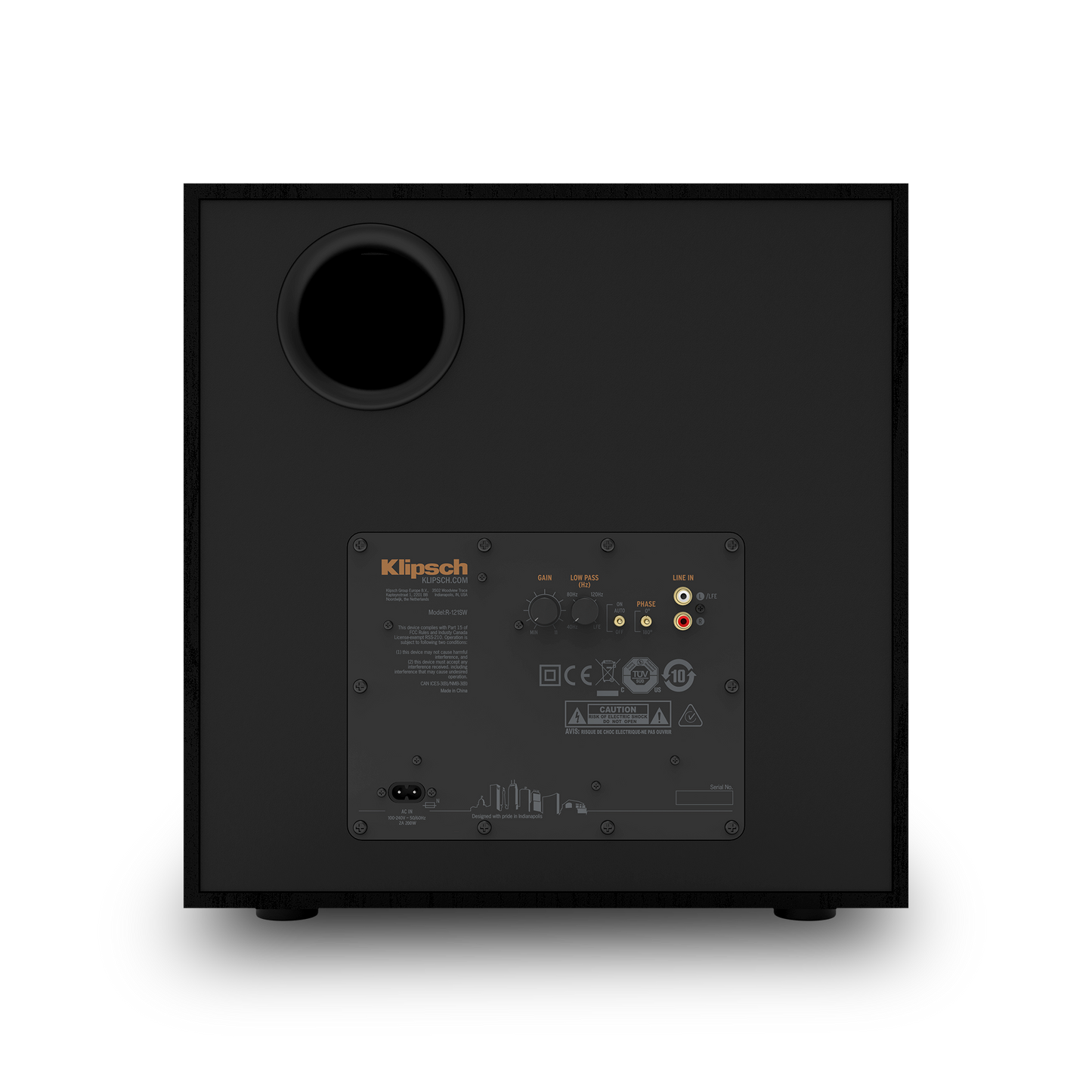 Klipsch R-121SW black subwoofer detail view