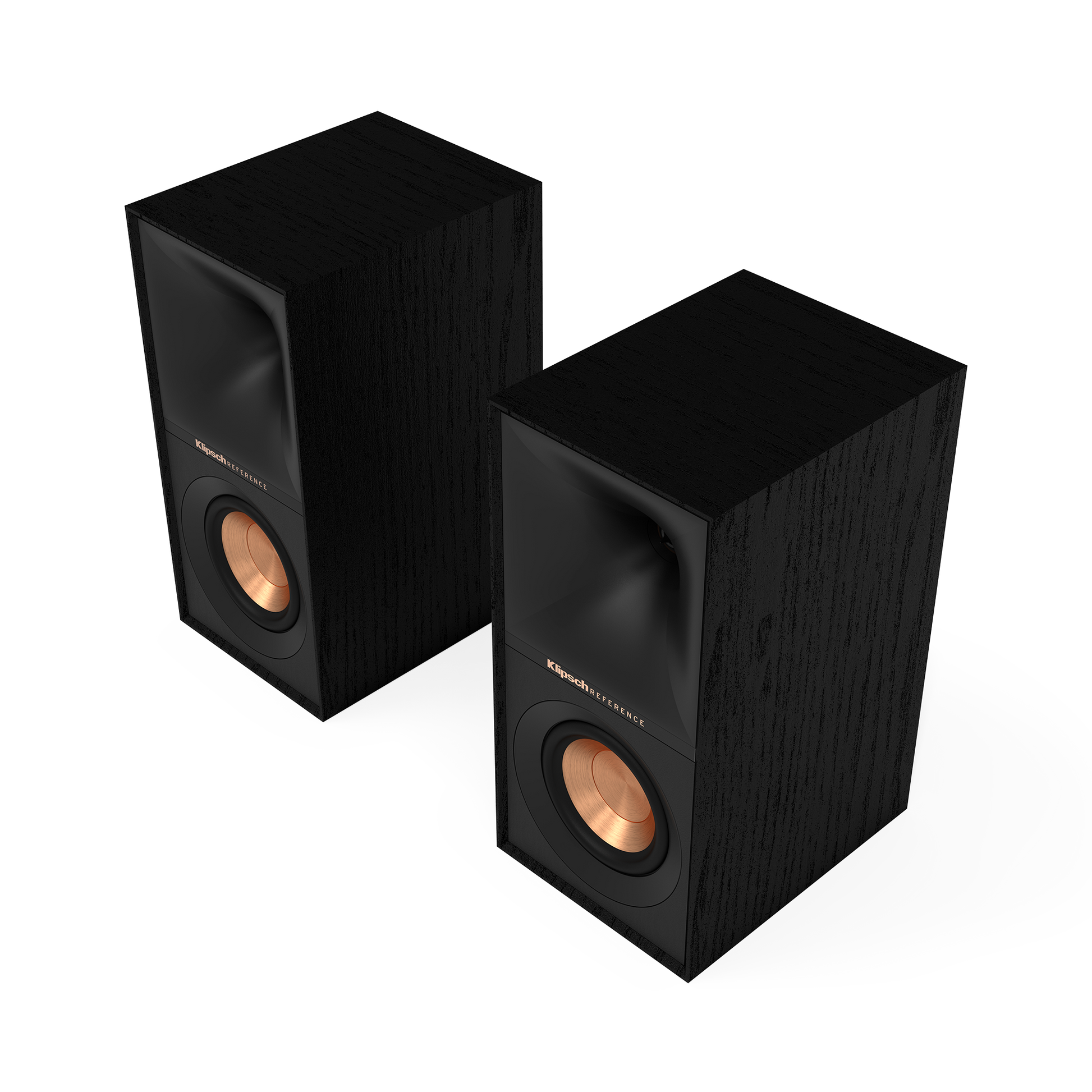 Pair of Klipsch R-40M bookshelf speakers in black textured wood grain, front view