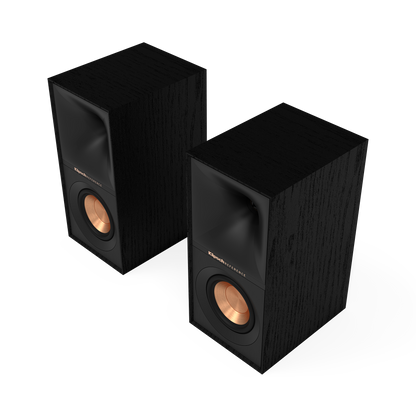 Pair of Klipsch R-40M bookshelf speakers in black textured wood grain, front view