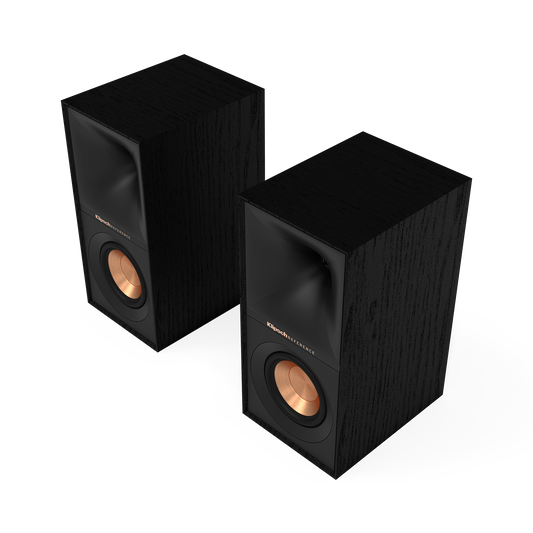 Pair of Klipsch R-40M bookshelf speakers in black textured wood grain, front view