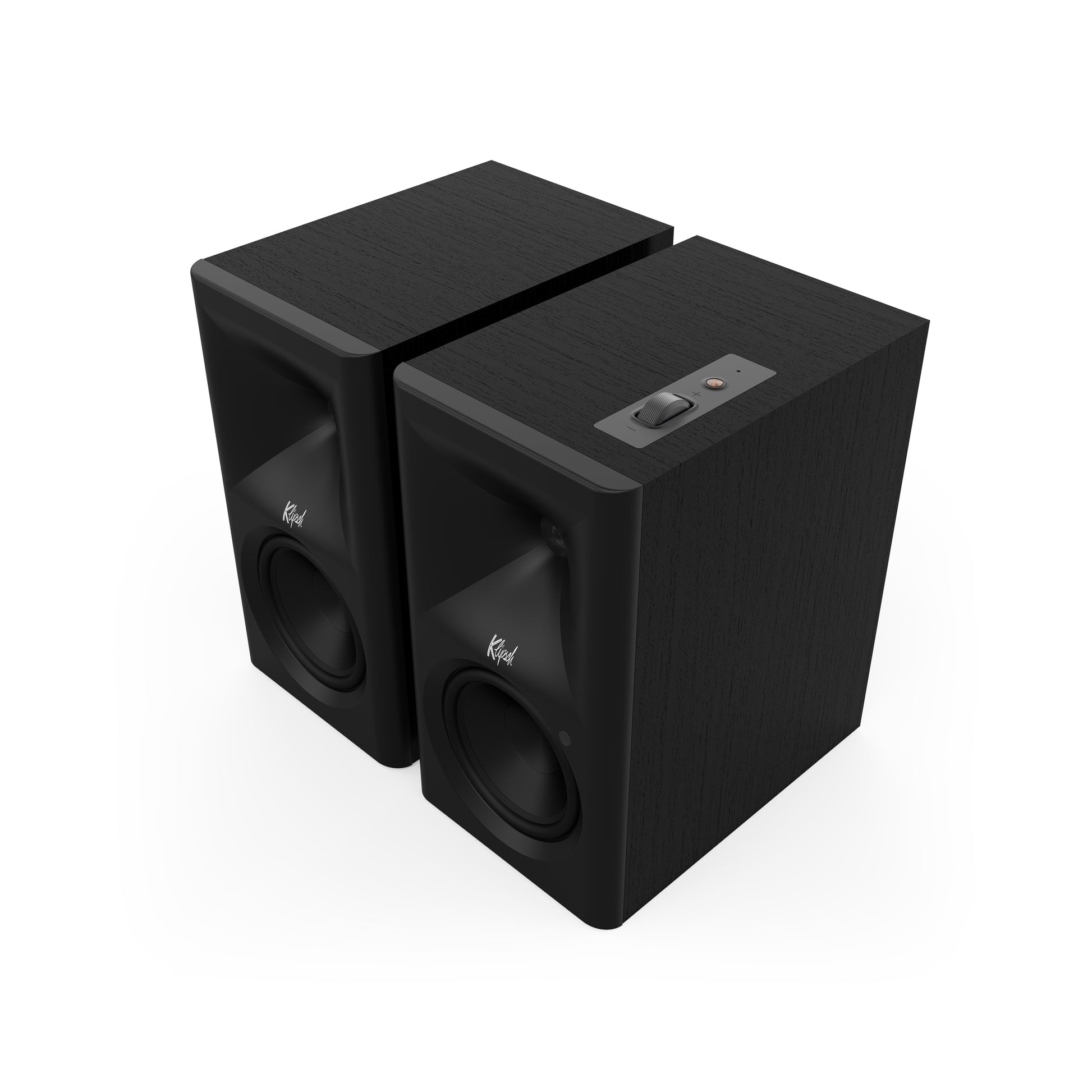 Klipsch The Fives II in Black, angled front view with grille off