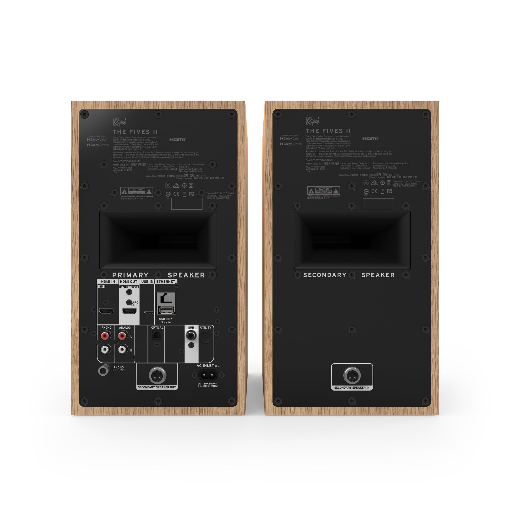 Klipsch The Fives II in Red Oak, rear panel with HDMI 2.1 eARC and inputs