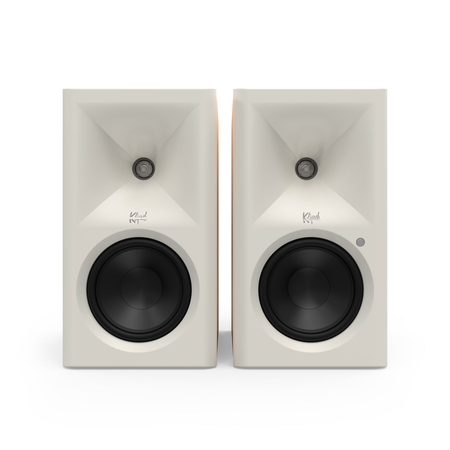 Klipsch The Fives II in Red Oak, front with grille removed showing 5.25-inch woofer and horn tweeter