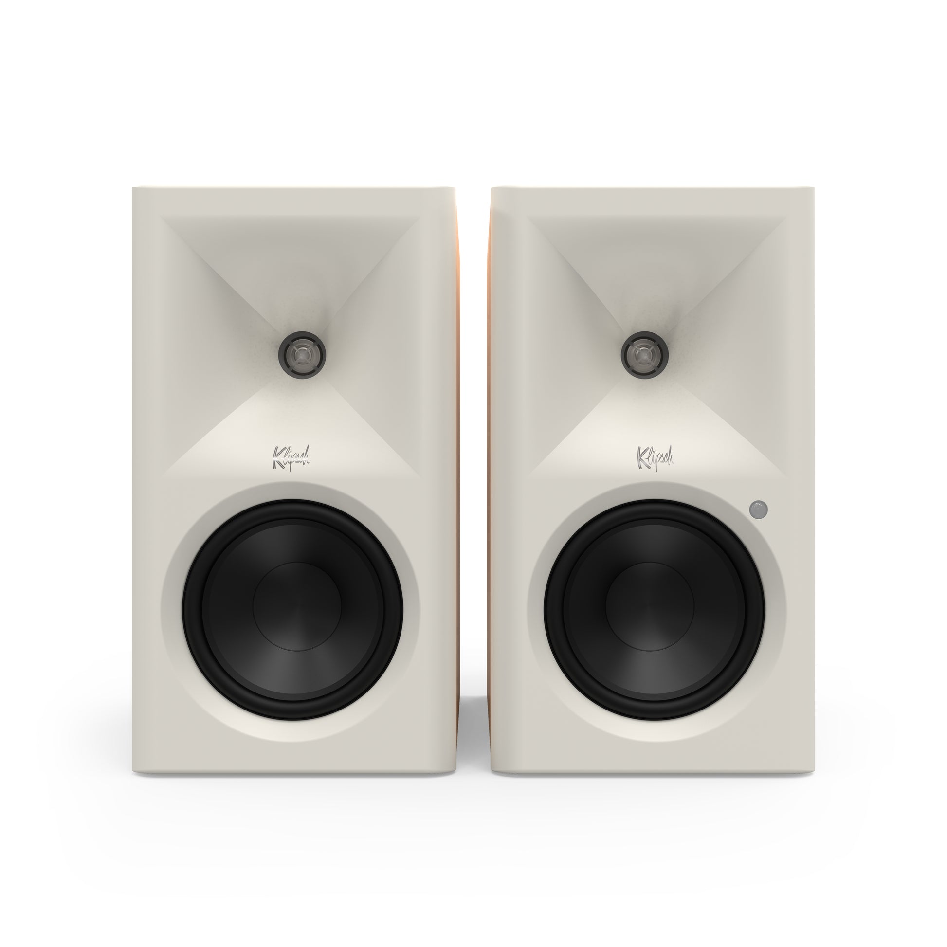 Klipsch The Fives II in Red Oak, front with grille removed showing 5.25-inch woofer and horn tweeter